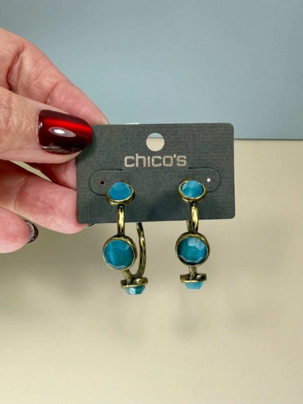 Chico’s Boho Gold-Tone Hammered Hoop Earrings with Blue Stones